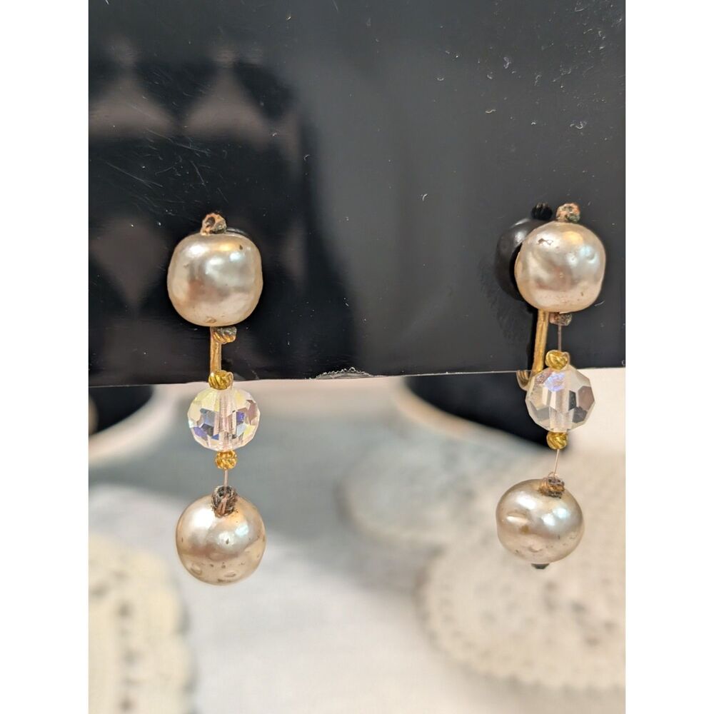 Vintage 1950s Clip On Earrings Faux Pearl Aurora Borealis Crystal